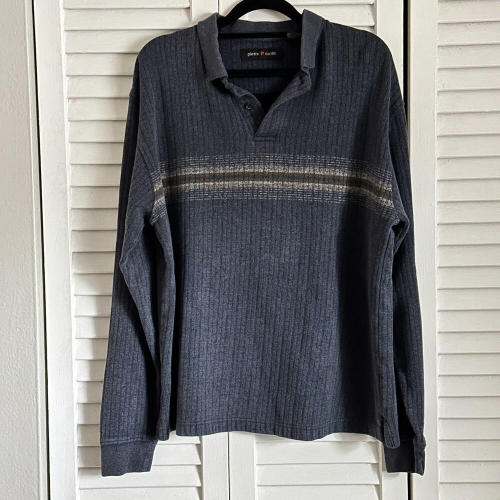 Pierre Cardin Ribbed Polo Long Sleeve M Striped Classic Casual Fall Winter